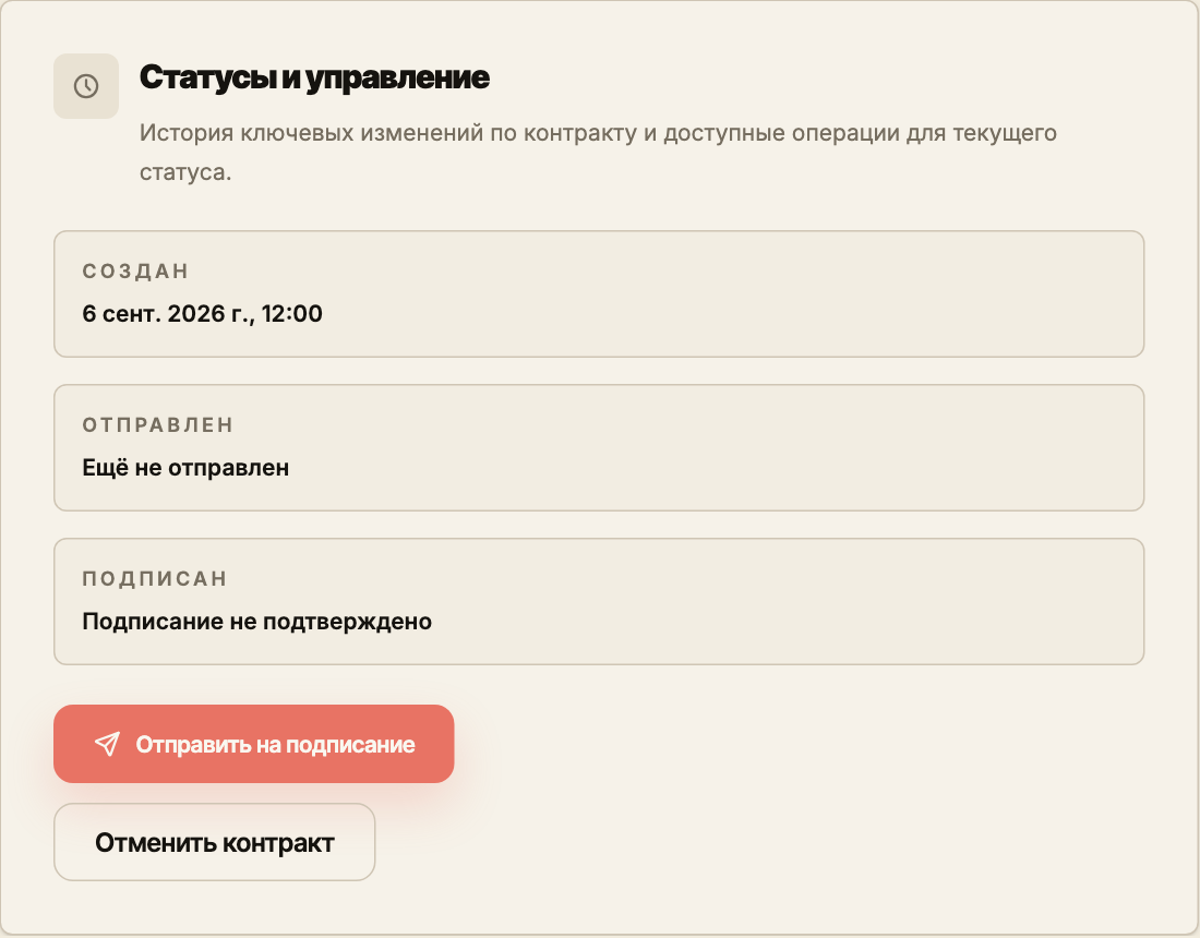 Блок управления черновиком договора с датами и кнопками отправки на подписание и отмены.
