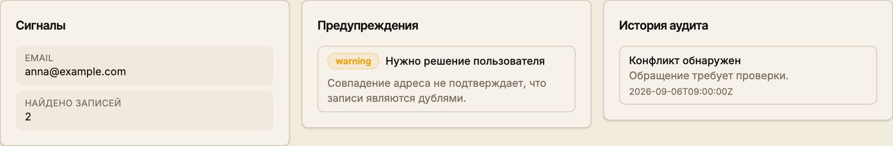 Сигналы обнаружения конфликта, предупреждение и история аудита обращения.