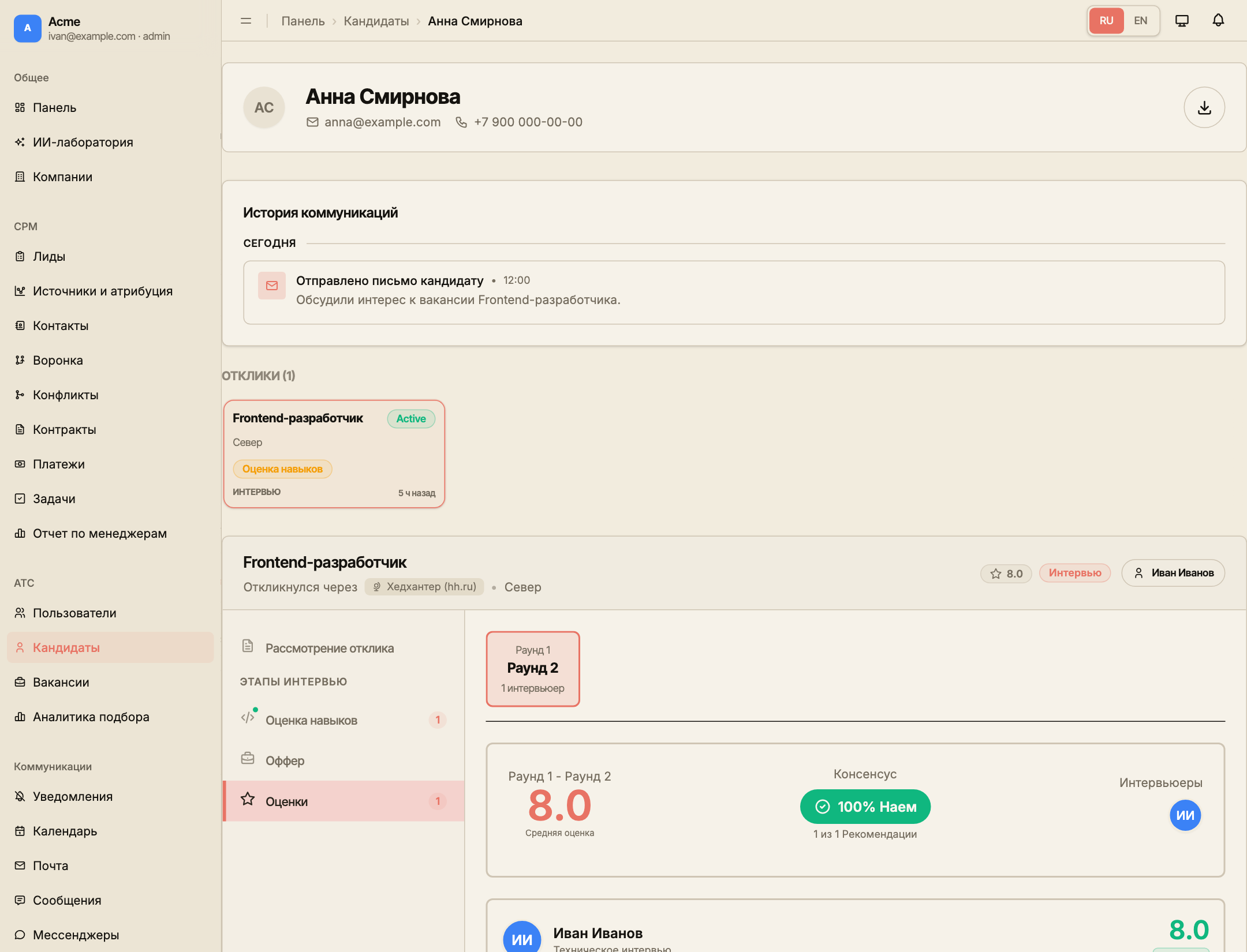 Раздел оценок выбранного отклика с итогом технического интервью и рекомендацией участника.