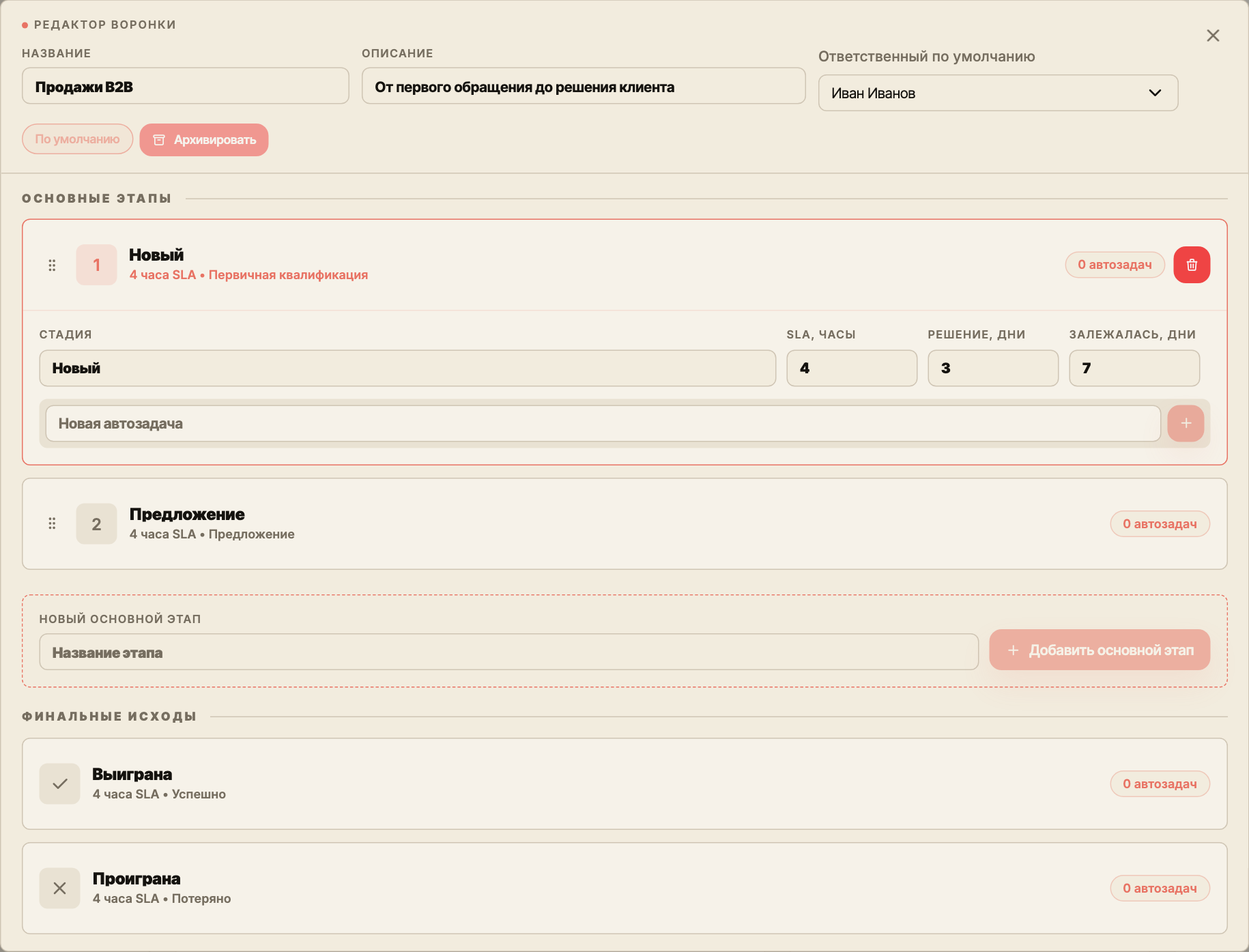 Редактор воронки с названием «Продажи B2B», ответственным Иваном Ивановым, основными этапами и финальными исходами.