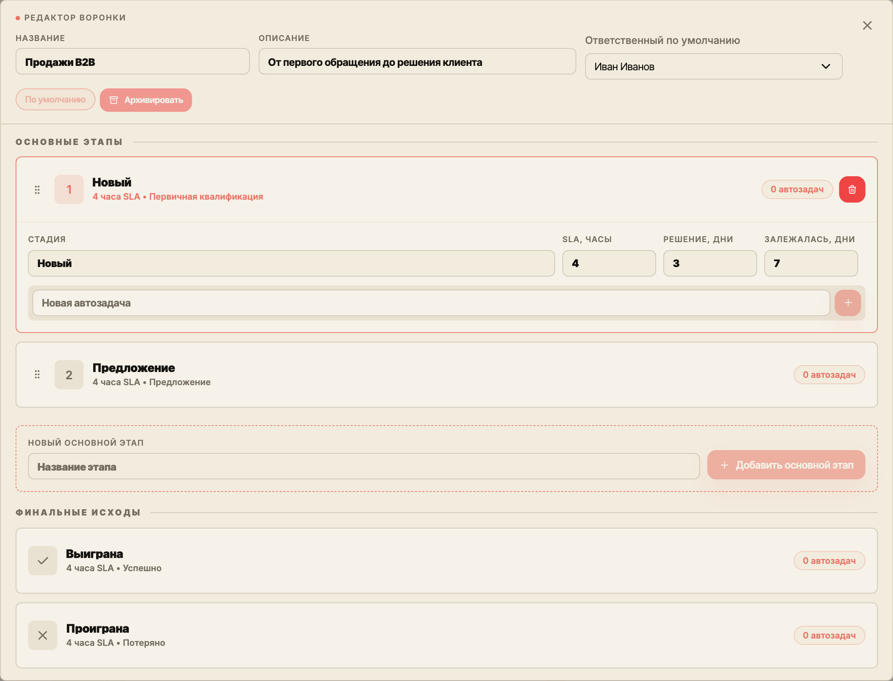 Редактор воронки с названием «Продажи B2B», ответственным Иваном Ивановым, основными этапами и финальными исходами.