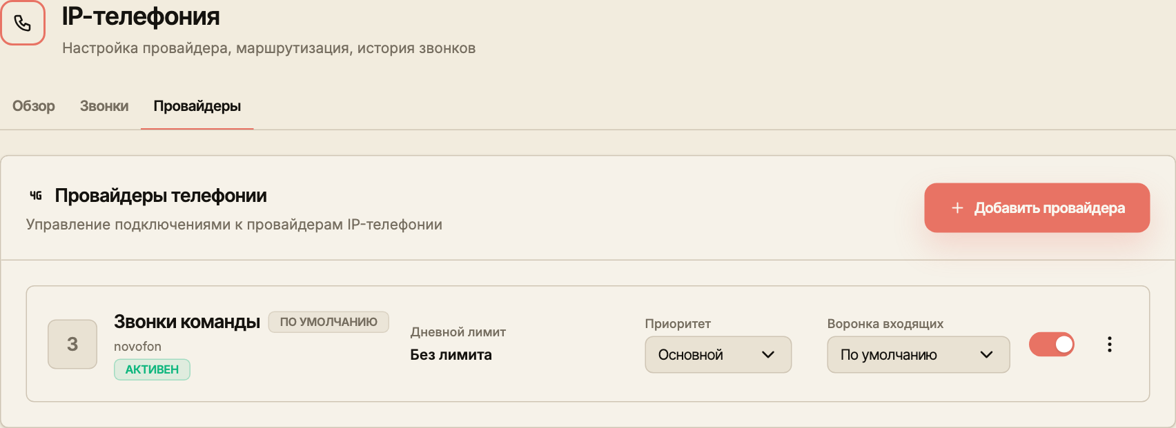 Вкладка провайдеров телефонии с подключением «Звонки команды» и кнопкой добавления провайдера.